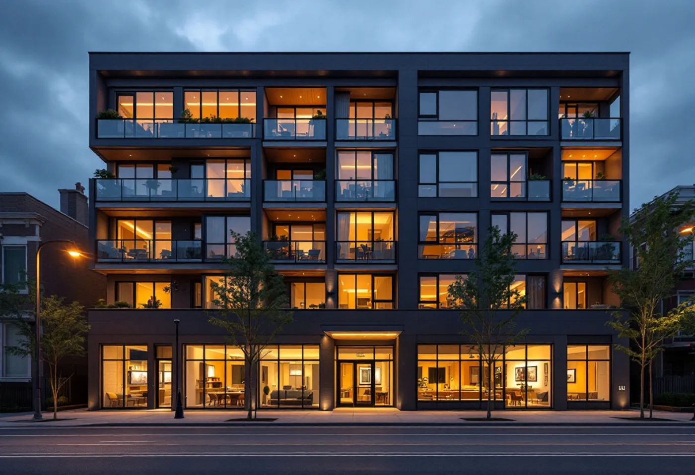 Five-story multifamily building with ground-floor retail at dusk