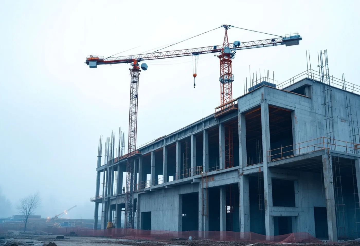 Concrete and steel frame of a commercial building mid-construction with a tower crane