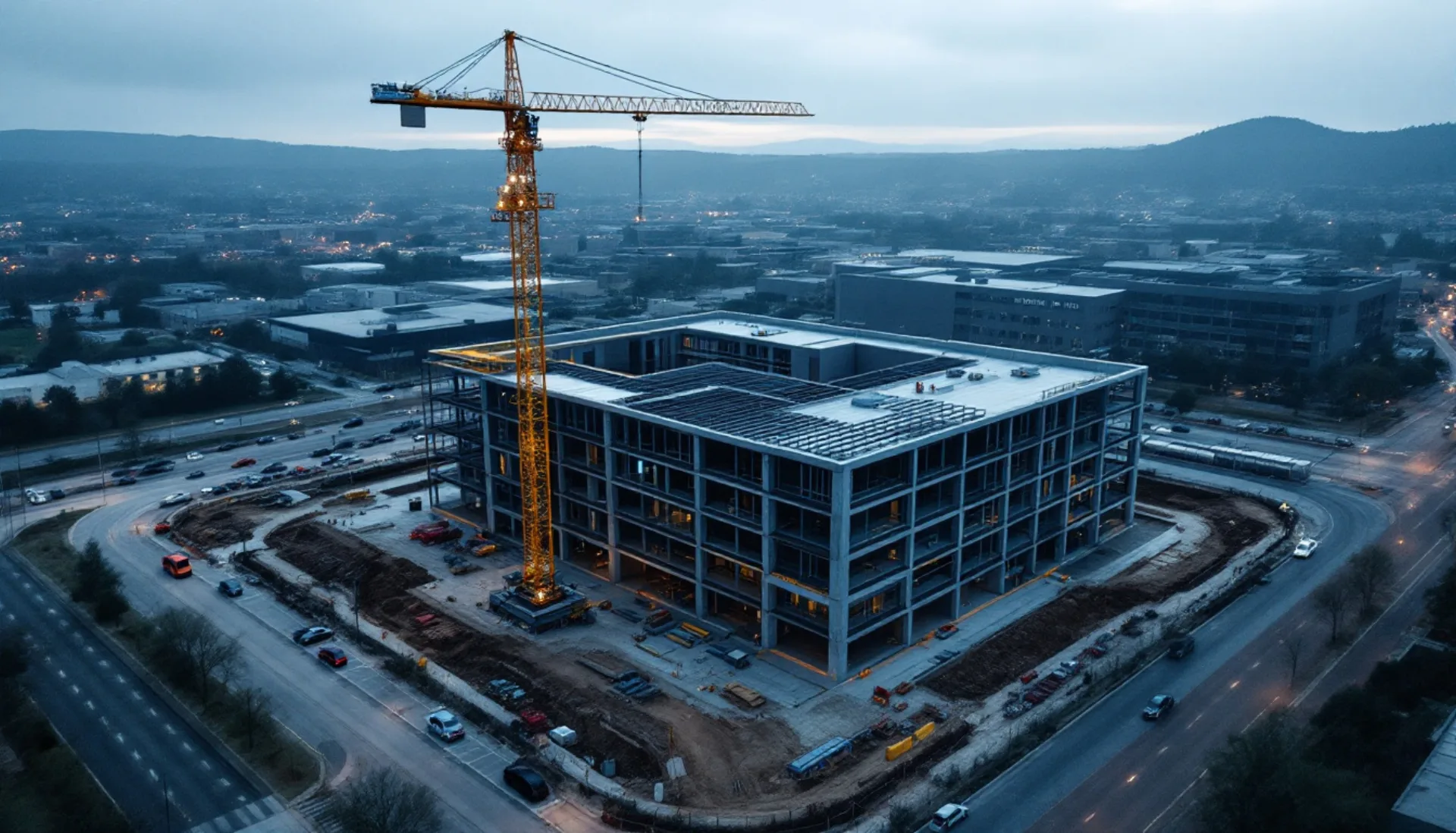 Aerial view of a mid-rise commercial building under construction with a tower crane, graded land around the site