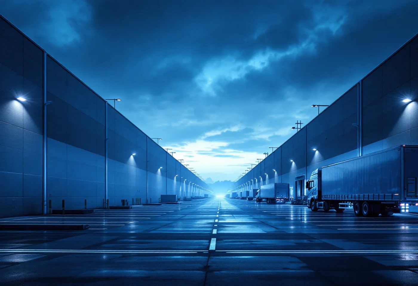 Modern distribution warehouse with loading docks at dawn