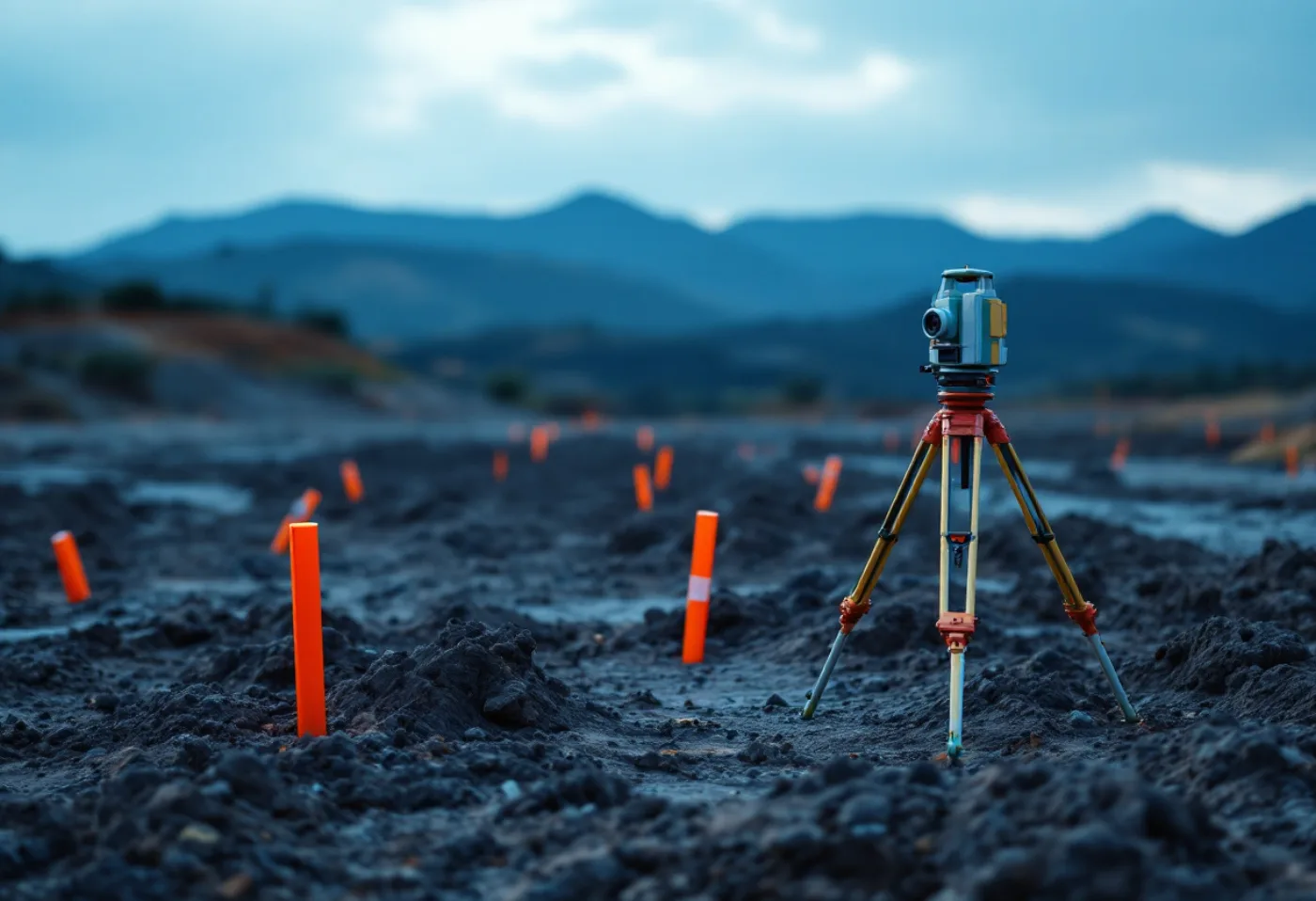 Surveyor's tripod on a graded lot with orange stakes at dawn